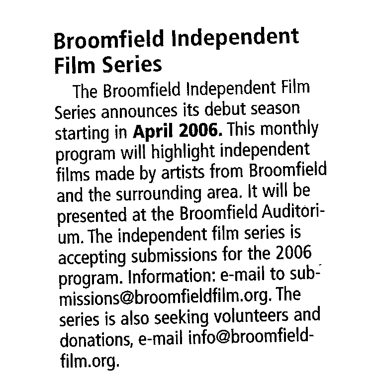 Broomfield Independent Film Series announcement in the Broomfield Enterprise