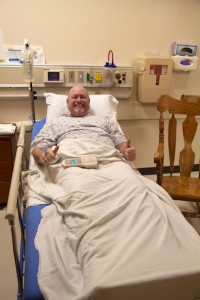 Once I had an IV installed and some special leggings to give me a non-stop massage, I was ready to go. Here I am waiting for the doctors to show up.