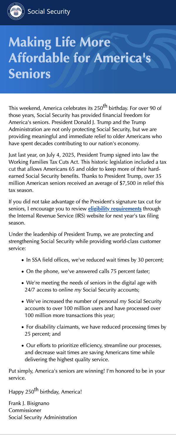 Actual email from the Social Security Administration